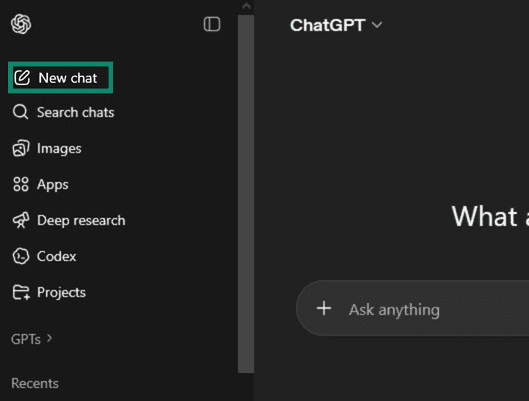 ChatGPT highlighting the button to start a new chat.