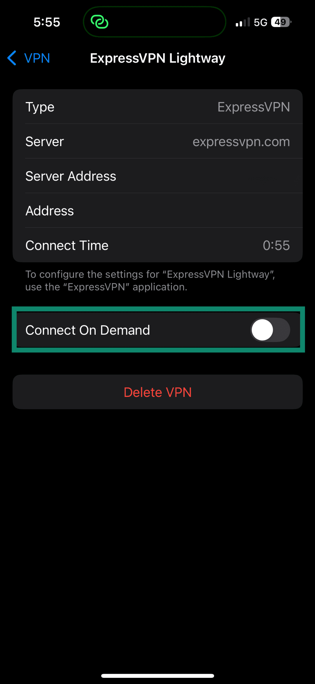 ExpressVPN configuration screen on iPhone showing the 