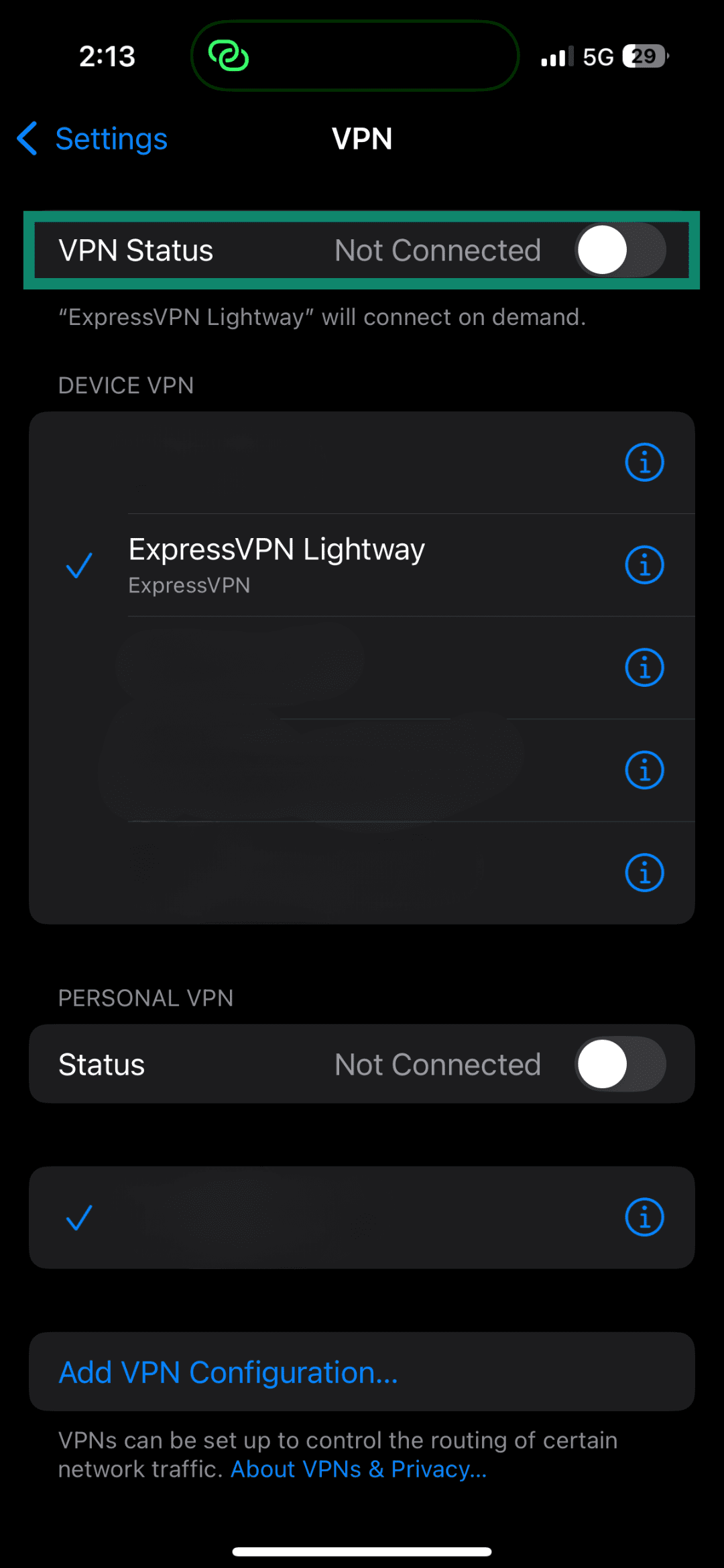 iPhone VPN settings screen showing VPN status as 