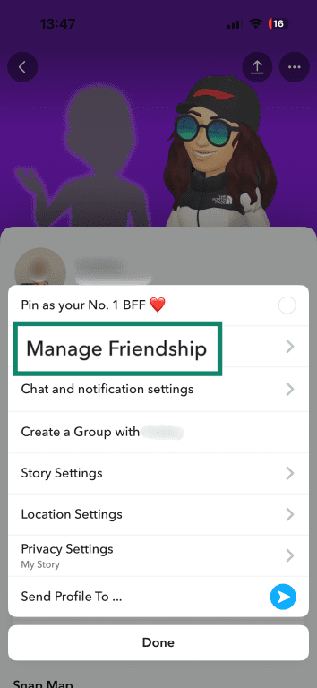 Snapchat friendship menu highlighting 