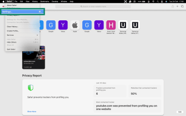 Safari menu open with