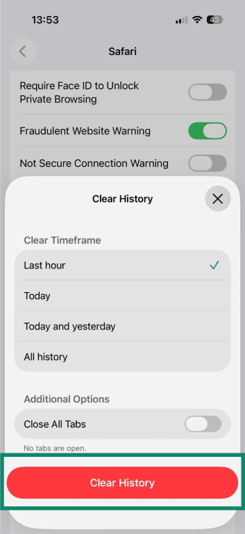 Safari clear history menu with