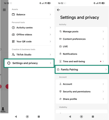 TikTok profile menu, highlighting the Settings and privacy and Family Pairing options.
